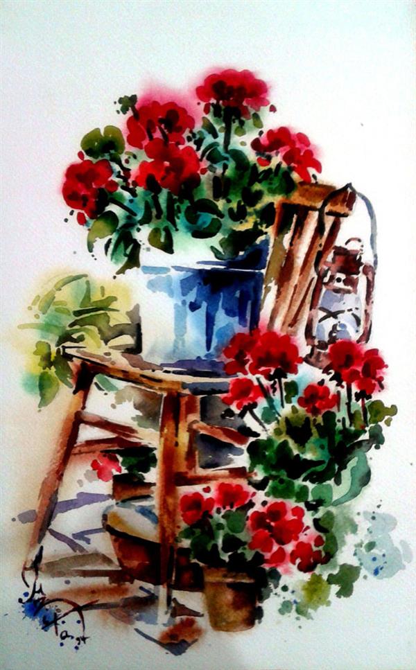 هنر نقاشی و گرافیک نقاشی گل azita flower , chair , watercolor , azita davarkhah