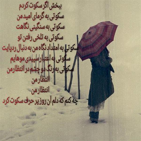 هنر شعر و داستان شعر سکوت  parisa سکوت پر حرف
ببخش اگر سکوت کردم
سکوتی به گرمای امید من
سکوتی به سنگینی نگاهت
سکوتی به تلخی رفتن تو
سکوتی به امتداد نگاه من به دنبال ردپایت
سکوتی به اعتبار سپیدی موهایم
سکوتی به رنگ دو چشم در انتظارمن
انتظار من 
انتظار من
چه کنم که دلم آن روز پر حرف سکوت کرد
Prizad