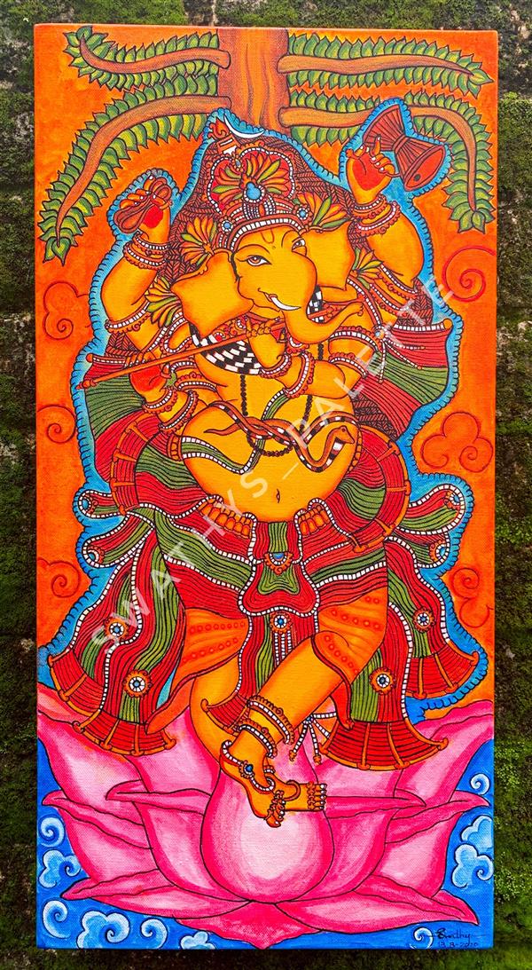 هنر نقاشی و گرافیک محفل نقاشی و گرافیک Swathy Prasad Lord Ganesha in Hindu mythology is considered as the remover of obstacles.
This elephant headed god is depicted in many forms throughout the myths; this acrylic on canvas painting shows the Lord with four hands holding flute standing on lotus.
#Kerala Mural paintings are traditional paintings done on temple walls depicting Gods as well as Goddesses.