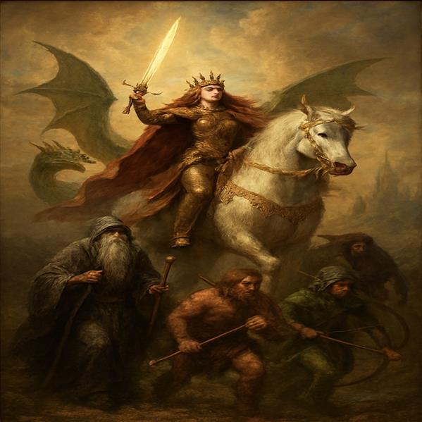 هنر نقاشی و گرافیک محفل نقاشی و گرافیک MrGuyz A majestic warrior queen rides forth as the embodiment of destiny and dominion. Clad in radiant gold and crowned by ancient authority, she wields a blade of light while guiding her followers through a realm shaped by myth and prophecy. Dragons loom in the mist behind her, symbols of power both conquered and allied. This artwork explores themes of leadership, divine right, and the burden of sovereignty in a world where legends walk beside mortals.

#fantasy-art #epic-fantasy #warrior-queen #mythical-queen #fantasy-illustration