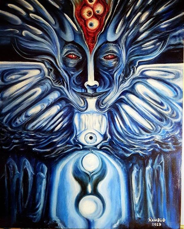 هنر نقاشی و گرافیک محفل نقاشی و گرافیک rambod abdi fakhrai چشمان سرخ آبی (Red eyes of blue)- تابلویی اسطوره ای بر اساس یک شعر به همین نام - رنگ روغن روی پنل چوبی - اندازه 50*70