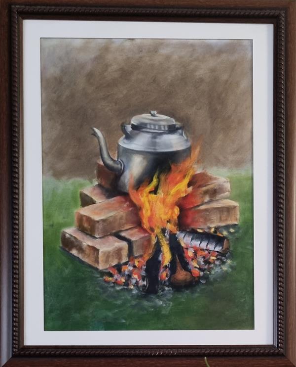 هنر نقاشی و گرافیک محفل نقاشی و گرافیک مریم ناز فلاحی گرمای اتش لذت نوشیدن چای ذغالی را دوچندان  می کند .حال که از رفتن به طبیعت محروم هستیم این تصویر می تواند چشم نواز باشد.
رنگ روغن