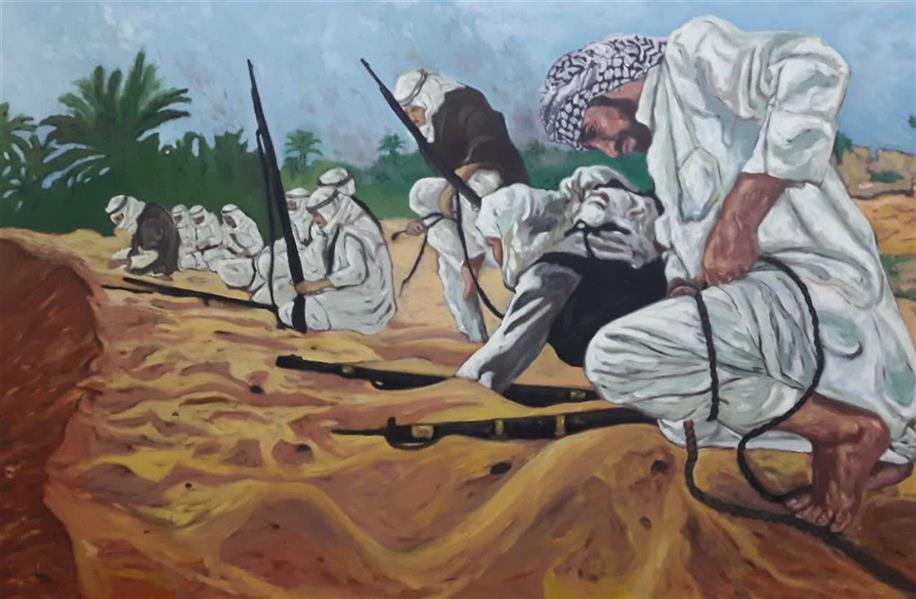 هنر نقاشی و گرافیک محفل نقاشی و گرافیک علی عموری این اثر درباره جهاد عشایر عرب خوزستان در مقابله با استعمار انگلیس در ۱۰۰ سال پیش . اجرا شده است