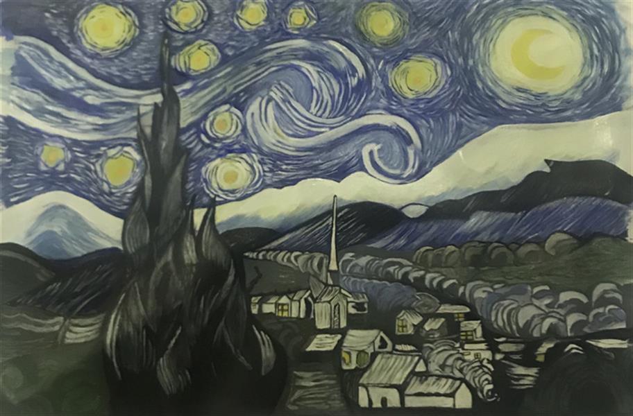 هنر نقاشی و گرافیک محفل نقاشی و گرافیک امید صفاریان  نقاشی رنگ روغن روی بوم شب پر ستاره ونگوگ در ابعاد 62#42