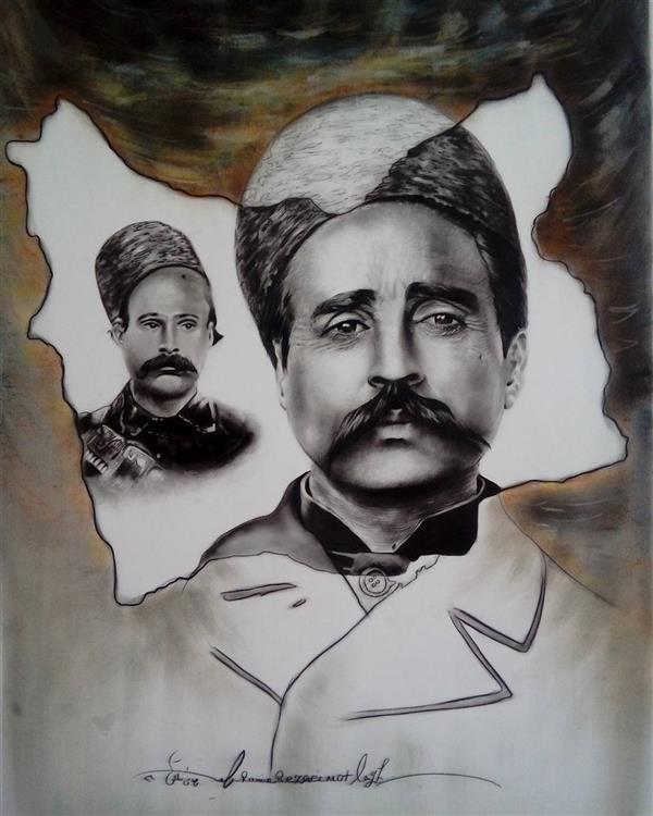 هنر نقاشی و گرافیک محفل نقاشی و گرافیک رامین رضایی مطلق ستارخان و باقرخان تکنیک پودر زغال و پاستل گچی موضوعی و مفهومی ارجینال اندازه 100*70