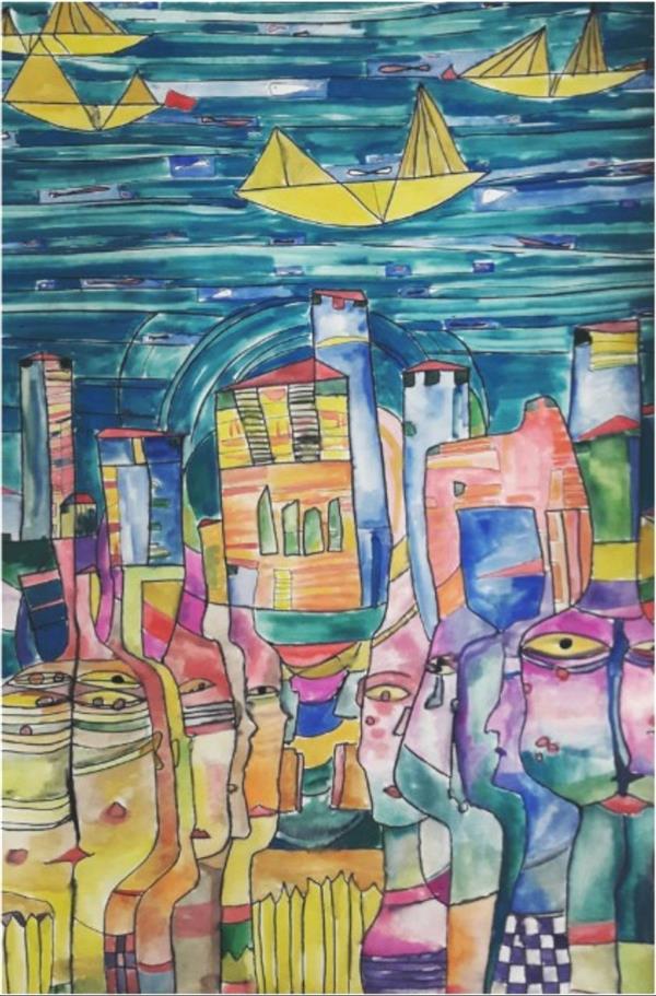 هنر نقاشی و گرافیک محفل نقاشی و گرافیک فاطمه آزادی تابلوی نقاشی انتزاعی با نام. پشت دریاها شهریست. در ابعاد ۵۰در۷۰ و تکنیک آبرنگ