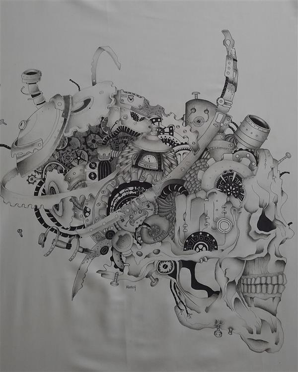 هنر نقاشی و گرافیک محفل نقاشی و گرافیک هاتف حیدری نقاشی ترکیب سیاه قلم و خودکار روی پارچه ابعاد ۹۰×۹۰