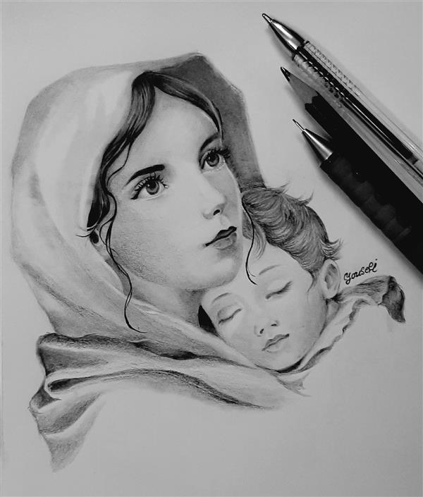 هنر نقاشی و گرافیک محفل نقاشی و گرافیک Azam-yousefi #طراحی چهره با مداد، با موضوع مادر،ابعاد A4، اعظم یوسفی