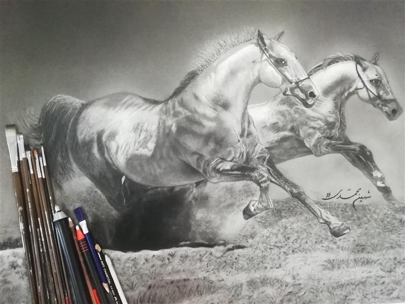 هنر نقاشی و گرافیک محفل نقاشی و گرافیک شهین محمدی🎨🖌️ 1399.. اثر شهین محمدی.. اسب‌های دونده