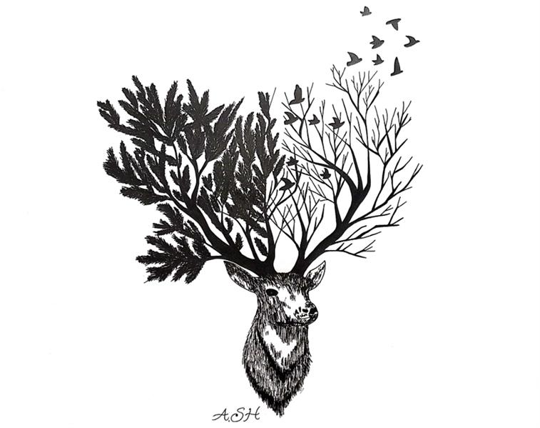 هنر نقاشی و گرافیک محفل نقاشی و گرافیک احمد شفیعی اثر احمد شفیعی | الهام گرفته شده از طبیعت، ترکیبی از گوزن و شاخه های درختان