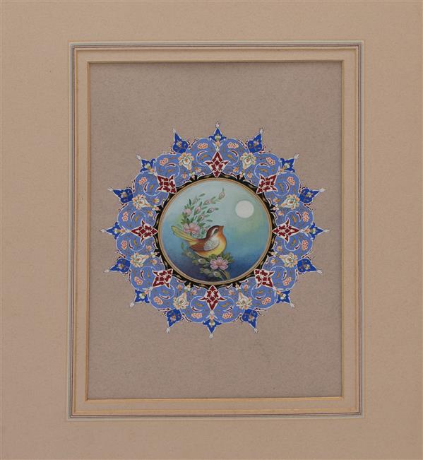 هنر نقاشی و گرافیک محفل نقاشی و گرافیک ابراهیم موسوی اثر گل مرغ و تذهیب با تکنیک گواش و پرداز و قلم گیری آب رنگ انجام شده است.

کادر بندی در قالب شمسه (دایره ایی)است.
