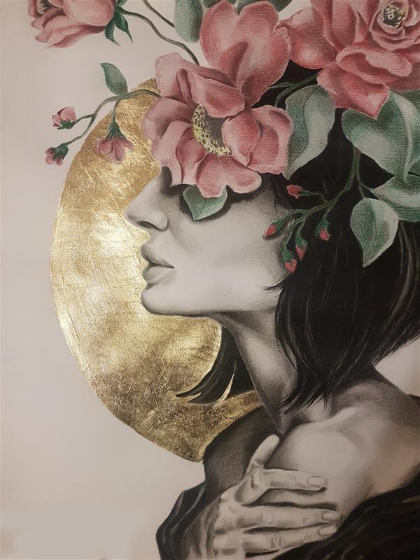 هنر نقاشی و گرافیک محفل نقاشی و گرافیک مریم ابراهیم زاد نامی #مقوا #ورقه_طلا #کنته #مدادرنگی این طرح نیز با نام ذهن زیبا کشیده شده است. زن و گل های درون نقاشی متعلق به دو عکس هستند که ابتدا در فتوشاپ تلفیق شده و سپس ترسیم شده اند.