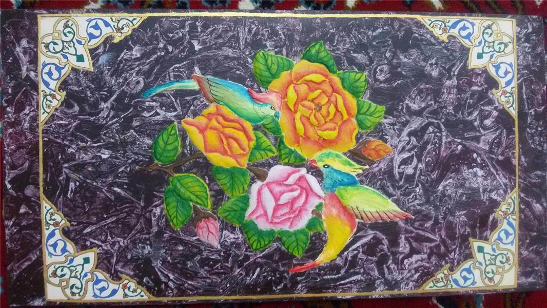 هنر نقاشی و گرافیک محفل نقاشی و گرافیک  leylahonar نقاشی برجسته طرح گل و مرغ حشیه تذهیب رنگ اکرولیک