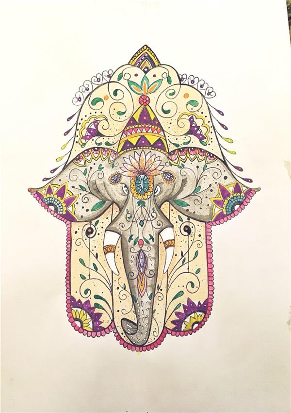 هنر نقاشی و گرافیک محفل نقاشی و گرافیک ShaHeeN keshavarz #watercolor #rapid #drawing #draw #paint #elephants #khamseh #tanit #chamsa #hamsa #khamsa  my work
 #shahin_keshavarz 
دست همسا یک طلسم باستانی خاور میانه است که نماد دست خدا است. این نماد در تمام ادیان یک علامت محافظ است و برای دارنده آن، شادی، شانس، سلامتی و اقبال خوب به ارمغان می آورد.
معنی دست هامسا بسته به فرهنگ، تفسیرهای مختلفی دارد. نام کلمه "هامسا" از پنج انگشت دست مشتق می شود. عدد پنج در عبری "همسه" است و پنجمین حرف الفبای عبری "هی" است که یکی از نام های مقدس خداست و سمبل پنج حس دارنده در تلاشی برای ستایش خداست.