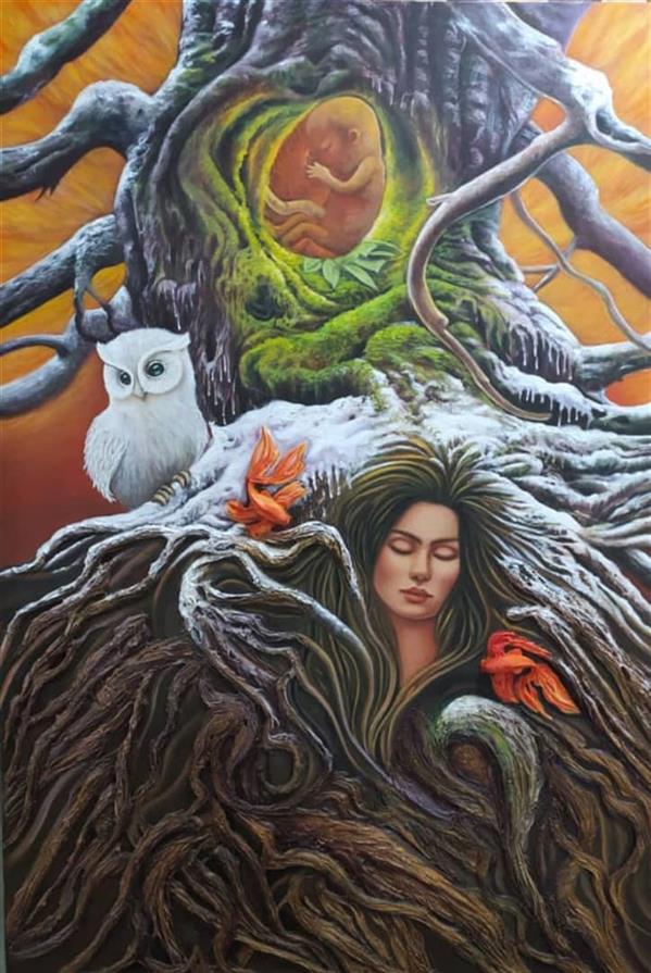 هنر نقاشی و گرافیک محفل نقاشی و گرافیک سوگل ذاکر #نقاشی مفهومی با نام گایا  درخصوص زن و افسانه های زرتشتی کشیده شده  . اجرا شده با #رنگ روغن و برجسته .تک نسخه . همراه با قاب . (اندازه های داده شده بدون احتساب قاب می باشد )