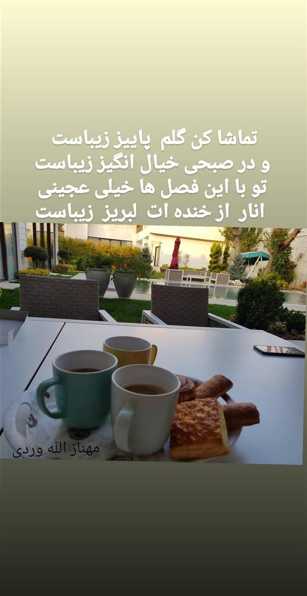 هنر شعر و داستان محفل شعر و داستان مهناز الله وردی میگونی تماشا کن گلم پاییز زیباست .پاییز.مهناز الله وردی میگونی .میگون،صبح بخیر،صبحانه