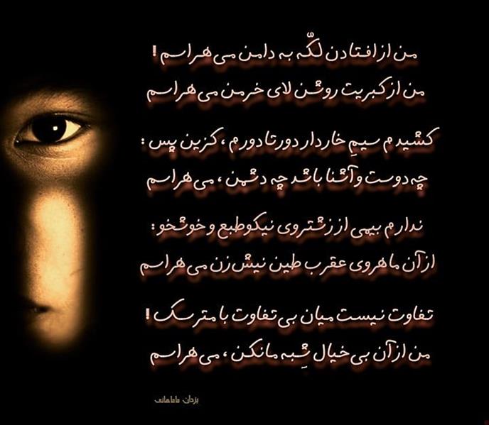 هنر شعر و داستان محفل شعر و داستان یزدان ماماهانی مـن از افــتـادن لـکّـه بـه دامـن مـیهــراسـم !
من از کـبریت روشـن لای خـرمـن میهـراسـم
کشیدم سیـمِ خاردار دورتـادورم ، کـزین پس :
چهدوست و آشنا باشد چه دشمن ، میهراسم
مـن از دار نــداری و طــنــاب تـنــگــدســتـی :
بیـاویخـت و بپـیچیـد دور گردن ، میهراسـم
ندارم بیمی از زشتـروی نیکوطبع و خوشخو :
از آن ماهروی عقرب طین نیشزن میهراسم
تـفاوت نـیسـت مـیان بیتـفاوت با مـترسـک !
من از آن بیخـیال شِـبـه مـانکـن ، میهراسـم
هــراس از جـنـگ و درگـیـری رو در رو نـباشـد
مـن از تـیغِ بـزن در رو ، ولـیکـن ؛ میهـراسـم
خـوشـی مـرد و صـفـا دفنـست در گـور زمـانـه
من از بیـل و کـلنـگِ دستِ گورکن ؛ میهراسم
نـدارد بـیـم زبــان رُک ... امّــا ؛ مــغـرضـانــه :
بگیرد خُـرده کـس ، پشت سـر مـن میهـراسم
اسیـر بنـد تـنهاییست ، تـنها ؛ واهمـه نیـست
از آن تنها که حصـر گردیده در تن ، میهراسم
جواب مـوج ، سیلـی هست با بـرخورد صخـره
سـوا از چکخـوری و از گـسـستـن میهـراسم
قـفـس هـرقـدر تـگـنـاتـر ، قـنـاری خـوشـنـواتـر
مـن از زاغ رهـا ..؛ دنـب