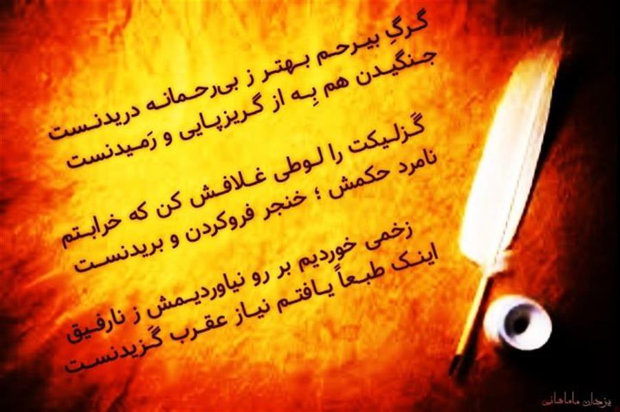 هنر شعر و داستان محفل شعر و داستان یزدان ماماهانی گـرگِ بیـرحـم بـهتـر ز بیرحـمانـه دریدنـست
جـنگیـدن هم بِـه از گـریزپـایی و رَمـیدنست
قرقی یـادم داده قفـس ؛ زندان رهـایی است
باید بشکست میله چون وقت پَر کشیدنست
بــر یــاد آور بــاره دگــر آسْــمـان را کـبـوتـرم
پـرواز وقتی زیـباست که هنـگام پـریدنسـت
پـنـدارم از دنـیـا دهـان گـنـدهٔ گـشـاد و بــاز :
لقمه ماییم و او همچنان در حال جویدنست
درد تـلخـیست وقتـی در حیـنِ بی تـفاوتـی :
چشموگوشی ؛ گوشبزنگ دیدنوشنیدنست
گَـزلـیکت را لـوطی غـلافـش کن که خرابـتم
نامرد حکمش ؛ خنجر فروکردن و بریدنسـت
زخمی خوردیم بر رو نیاوردیـمش ز نارفـیق
اینـک طبـعاً یـافتـم نیـاز عقـرب گَـزیدنسـت
پـاشنـهٔ کفـش بختت را چارمیخـه بالا بکش
تنها راه خوشبختـی پیمایـش تا رسیدنسـت
#چشمپوشی
#یزدان_ماماهانی
#سـرایـش۲۱_۷_۱۴۰۰
_🎼🎸گیـــتار بـیتــــار🎸🎼_