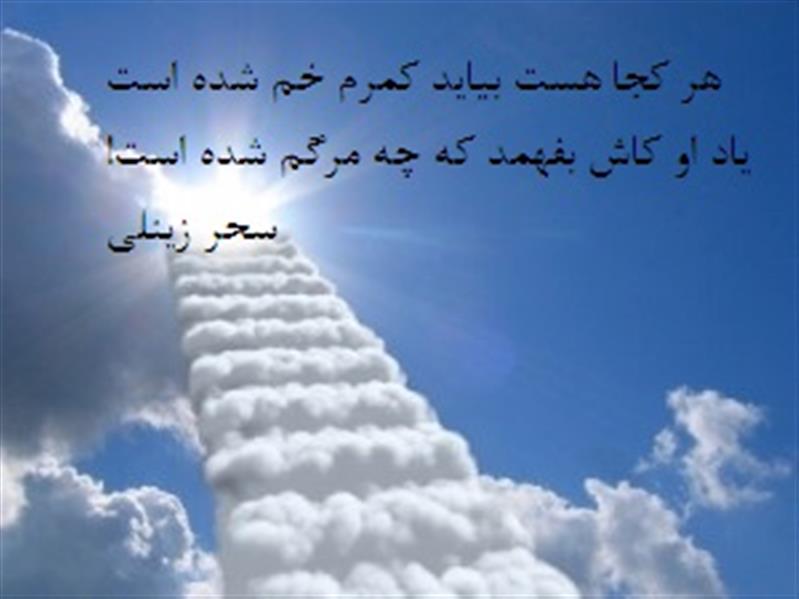 هنر شعر و داستان محفل شعر و داستان سحر زینلی هر کجا هست بیاید! کمرم خم شده است
یاد او کاش بفهمد که چه مرگم شده است!
من که آلوده ی دنیا نشدم یادم هست
هستی ام بوده که از نیستی ام کم شده است
چه کسی لحظه ی مرگ آمد و روحم را برد
مرگِ قو شاهد تنهایی من هم شده است
تا که این زندگی از چشم و دلم سیر شود
چشم و دل سیریِ ما نیز فراهم شده است
...
سحر زینلی
ابیاتی از یک غزل