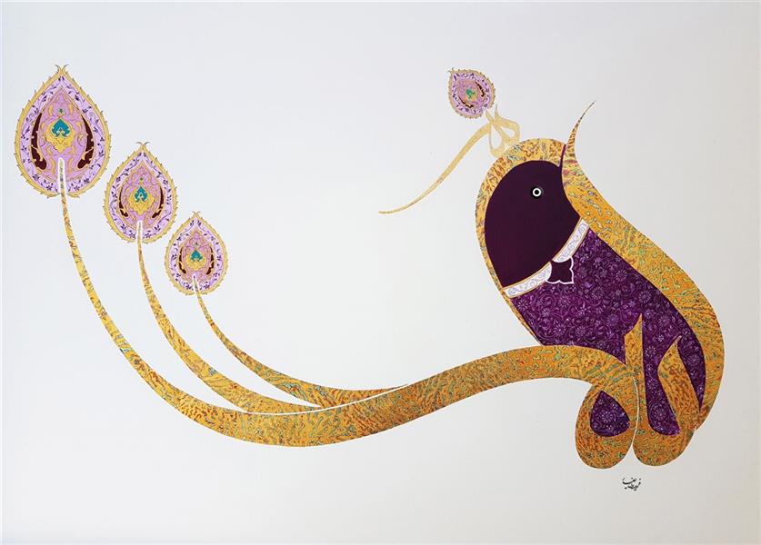 هنر خوشنویسی محفل خوشنویسی فریدون علیار الله - ورق طلا و اکرولیک با تذهیب روی بوم ۱۰۰×۷۰