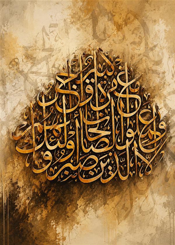 هنر خوشنویسی محفل خوشنویسی علیرضا یزدانی #صبر #قرآن_کریم
تکنیک میکس‌مدیا (Mixed Media)، تکسچر و طلایی‌کاری روی بوم
