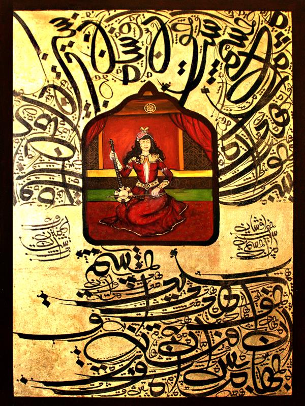هنر خوشنویسی محفل خوشنویسی حمیدرضا کاشانی رنگ و روغن، اکریلیک و ورق طلا روی بوم، با خط شخصی ماهور 