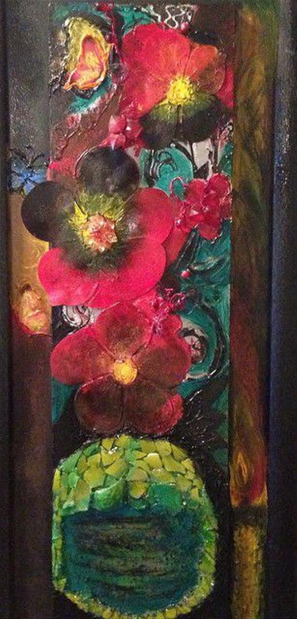 هنر سایر محفل سایر هنر ها ندا گودرز نقاشی کلاژ (برجسته) با رنگ و پاستل  و شیشه و طلق با طرح شمع و گل و پروانه