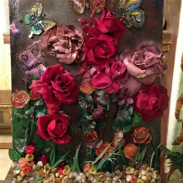 هنر سایر محفل سایر هنر ها ندا گودرز تابلو کلاژ کار شده روی چوب ام دی اف با سنگهای طبیعی و گلها از پارچه ساخته شده اند در ابعاد 40*60 سانت 