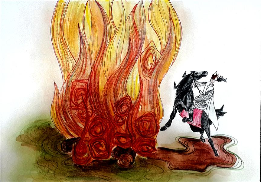 هنر نقاشی و گرافیک تصویرسازی مرضیه امینی تصویرسازی یک فریم از داستان های شاهنامه، سیاوش در آتش