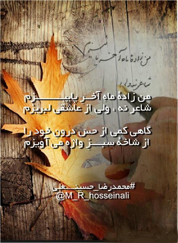 هنر شعر و داستان شعر عاشقانه hosseinali من زادهٔ ماه آخر پاییزم
شاعر نه، ولی از #عاشقی لبریزم

گاهی کمی از حسّ درون خود را
بر شاخهٔ سبزِ واژه می آویزم