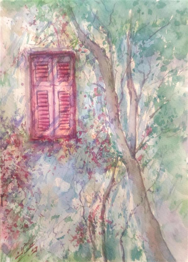هنر نقاشی و گرافیک نقاشی پنجره ab-derakhshan #آبرنگ ۲۵*۳۵ #بوی بهار #پنجره ی را باز کن
