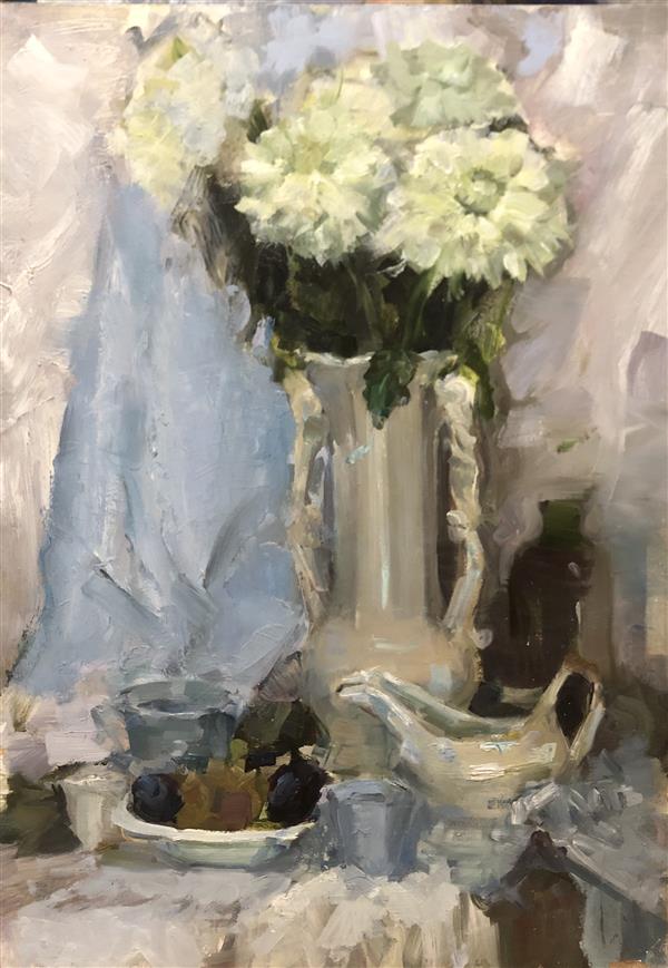 Painting Artwork by David Angelo #oil #wood #stillife #realism #academism #flowers #white #classic #acrlylic #oilpainting 
oil on primed cardboard ,Oil,Cardboard,#BCCC46,#DFDFDF,Impressionism