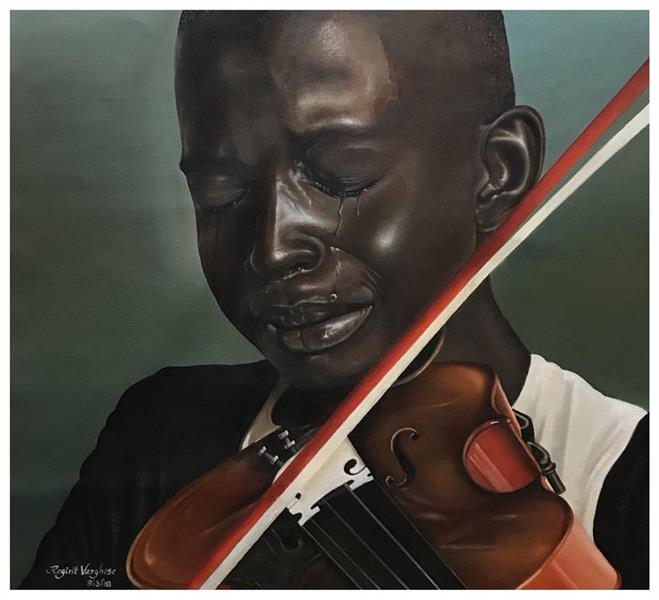Painting Artwork by Artist Regint Varghese  ,Canvas,Oil,Portraiture,violin,music,cry