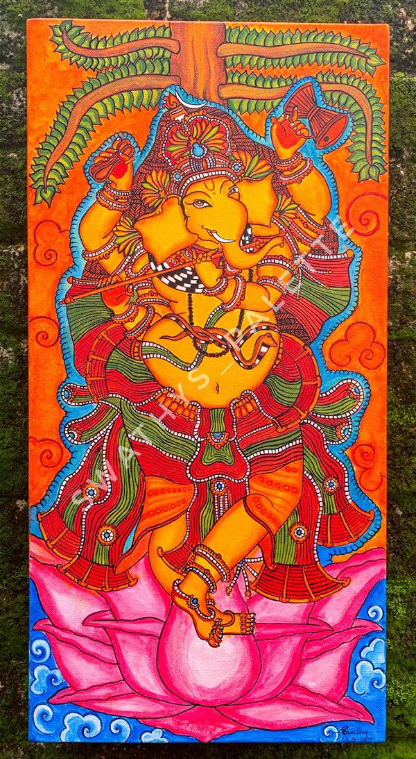 Painting Artwork by Swathy Prasad Lord Ganesha in Hindu mythology is considered as the remover of obstacles.
This elephant headed god is depicted in many forms throughout the myths; this acrylic on canvas painting shows the Lord with four hands holding flute standing on lotus.
#Kerala Mural paintings are traditional paintings done on temple walls depicting Gods as well as Goddesses. ,Acrylic,Canvas,Popular culture,Classical mythology,Folk,Surrealism,Illustration,#F1572C,#D73127,#FFC749,#FBE854,#B82C83