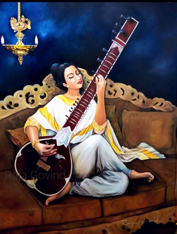 Painting Artwork by VG RAJAN oil on canvas Realistic. Music awakens the world.
