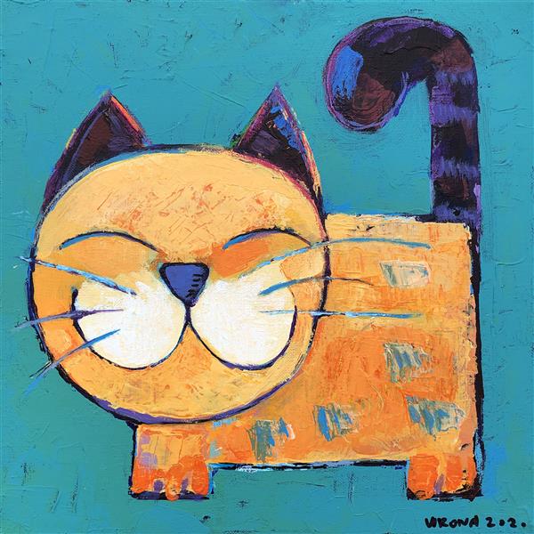 Painting Artwork by Piotr Wrona acrylic painting ,Acrylic,Canvas,#438C97,#F7923A,cat