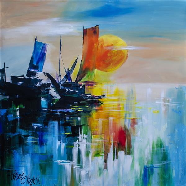 Painting Artwork by Prem Chokli Acrylic painting on canvas
Abstract
Dhow boat at the morning  ,Acrylic,Canvas,Nature,Landscape,Expressionism,#435EA9
