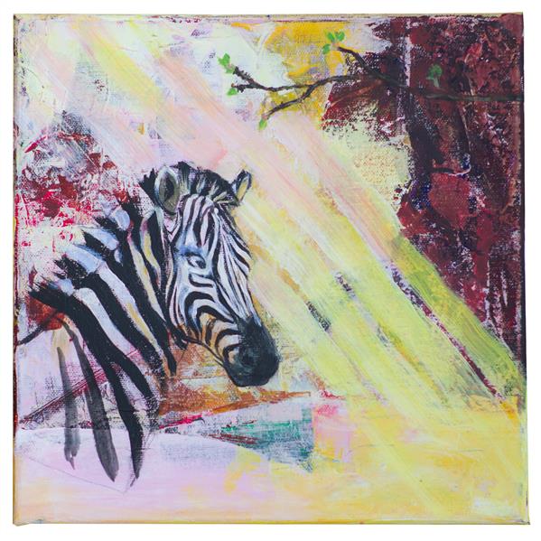 Oksana Canvas, wooden frame, acrylic paints 
The picture creates an interesting exciting mood in contrast with the abstract background and a little more realistic head of a zebra. 