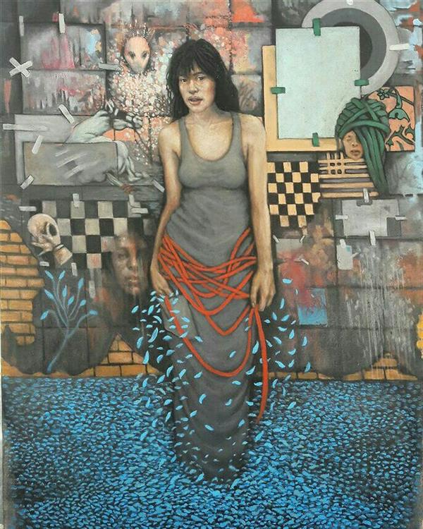 Painting Artwork by Amirreza Koohi  ,Canvas,Acrylic,Oil,#DFDFDF,#435EA9,#F1572C,#FFC749,#388540,Women,Surrealism,Paint