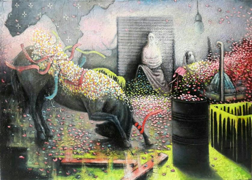 Painting Artwork by Amirreza Koohi  ,Canvas,Oil,Surrealism,#DFDFDF,#BCCC46,#FFF,#D73127,Horse
