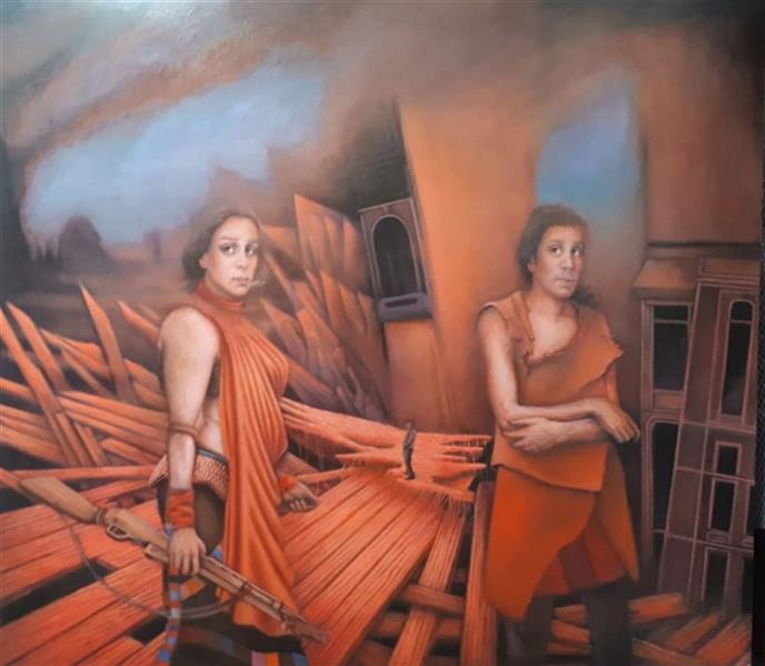 Painting Artwork by Amirreza Koohi  ,Acrylic,Oil,Surrealism,Women,Places,#F1572C,#F7923A,#595A5B,Men