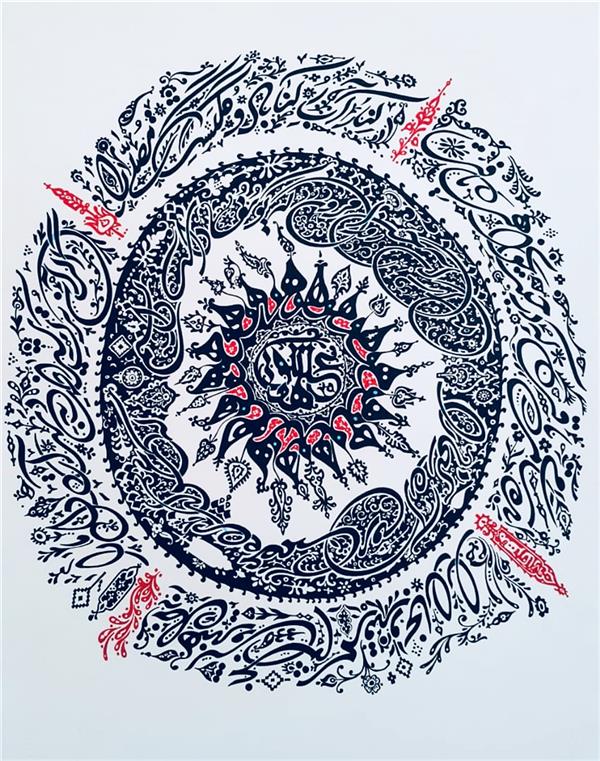 Drawing Artwork by Mansour Mehrnegar  ,Ballpoint Pen,Folk,Calligraphy,Cardboard,#435EA9,#D73127,#595A5B,#FFF,Floral