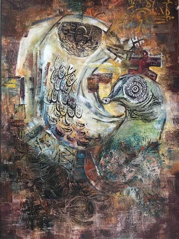 Painting Artwork by Hanieh Sanaei Inspired by Saqakhaneh style , work is horizontal
One of the works of Band Par exhibition
 ,Canvas,#435EA9,#388540,#438C97,#FBE854,#D73127,#BCCC46,#DFDFDF,#FFF,#595A5B,Color,Folk,Culture,Mixing technique,#F7923A