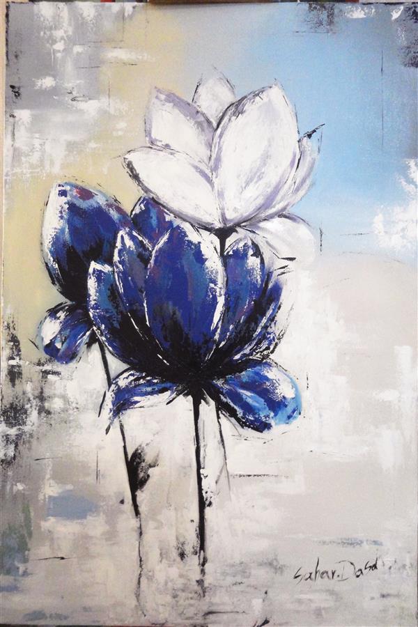 Painting Artwork by Sahar Dasdar  ,Modern,Canvas,#435EA9,#438C97,#DFDFDF,#FFF,Floral,Paint,Oil
