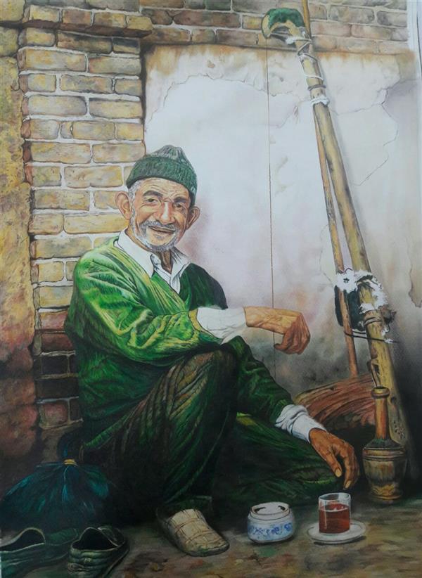 Painting Artwork by Mahro  ,Pencil,Pastel,Paper,#388540,#BCCC46,#FBE854,Realism,Old man,Men