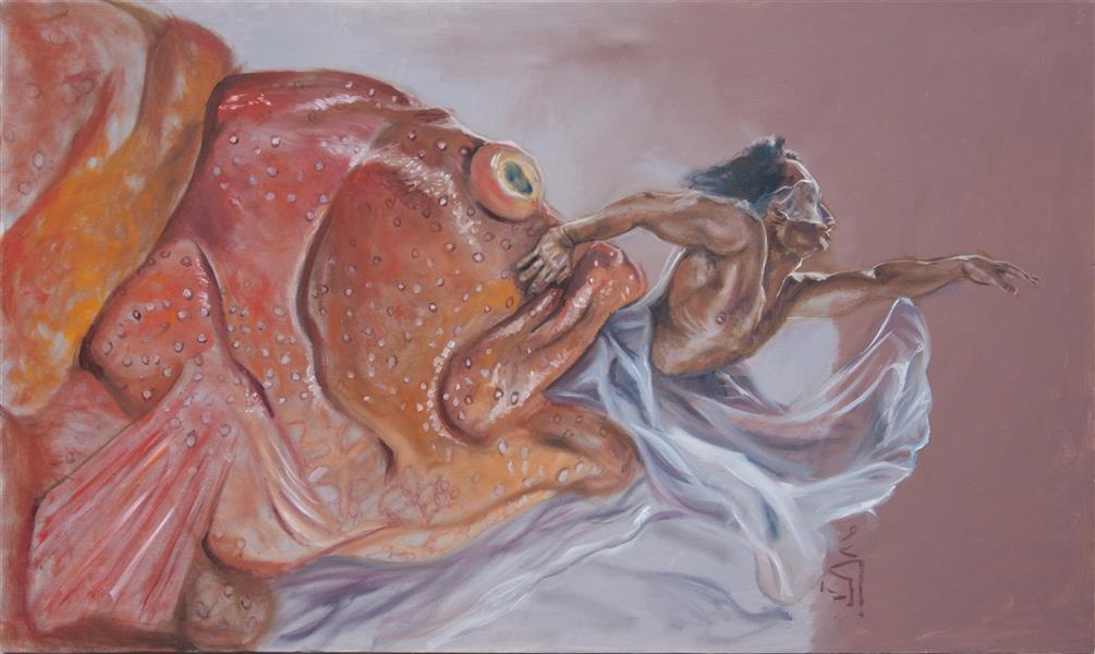 Painting Artwork by Armin Ebrahimpour  ,Oil,Paint,Men,Body,Fish,Animal,Canvas,#F1572C,#F7923A,#FFF,#DFDFDF,Erotic,Surrealism