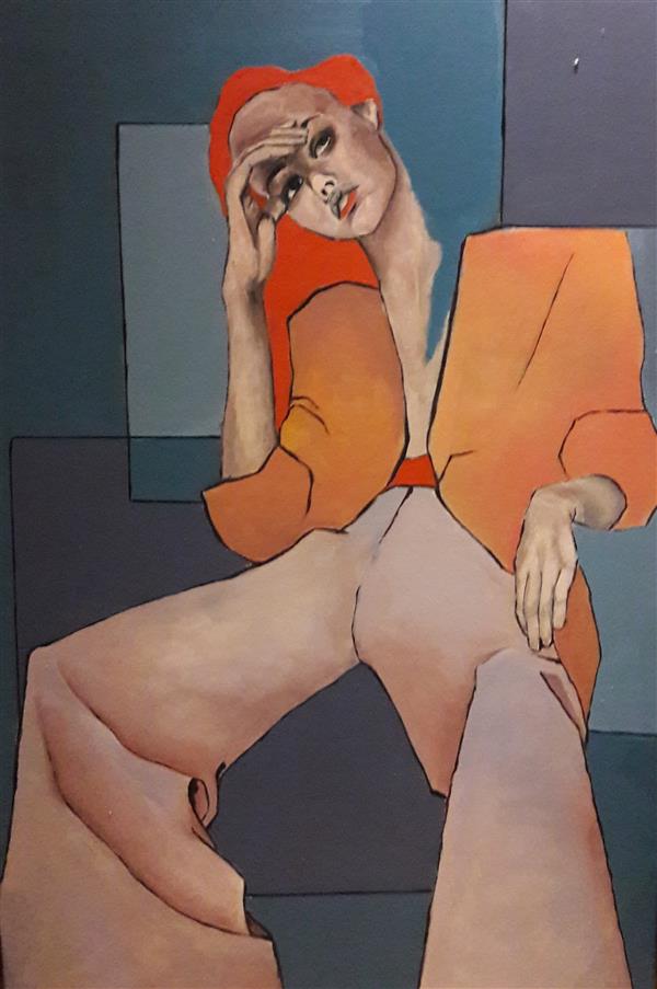 Painting Artwork by Kosar Niik  ,Oil,Modern,Canvas,#F7923A,#F1572C,#435EA9,#438C97,Fashion,Body,Women,Portrait