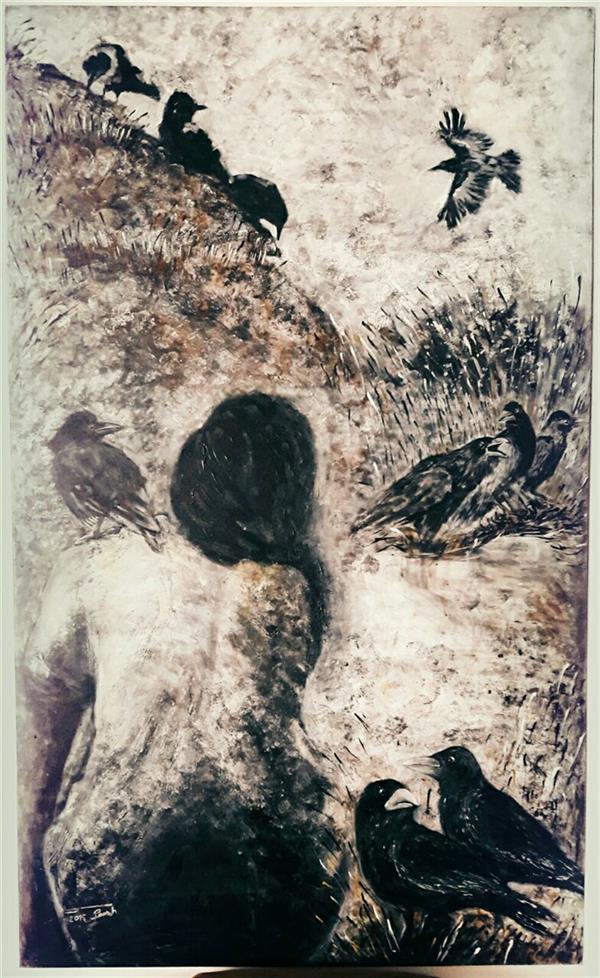 Painting Artwork by punia Hoseini  ,Canvas,Acrylic,#595A5B,#FFF,#DFDFDF,Women,Conceptual,
Crow,Figurative