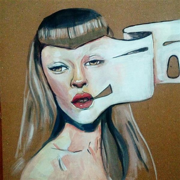 Painting Artwork by Nariman Omidi  ,Cardboard,Surrealism,Women,Portrait,Portraiture,Acrylic,#FFF,#595A5B,#D73127,Paint