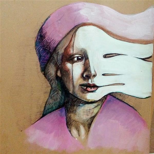 Painting Artwork by Nariman Omidi  ,Acrylic,Paint,Portraiture,Surrealism,Women,Portrait,Cardboard,#B82C83,#642B7F,#6C479C,#FFF